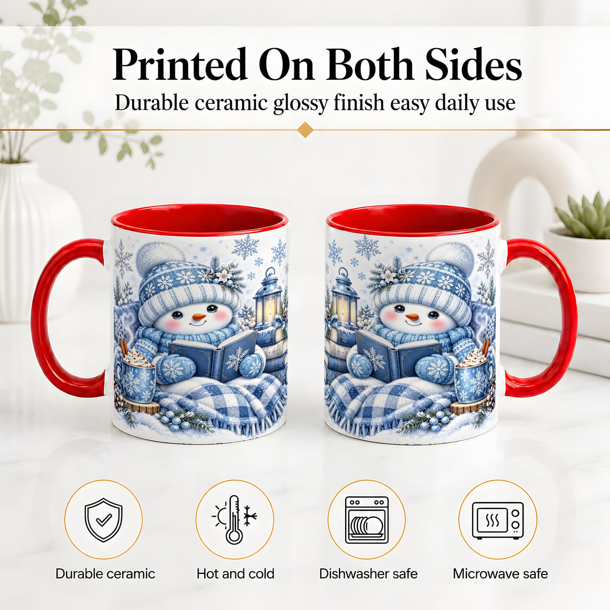 #pl[11oz|Red] Cozy Winter Snowman Accent Mug, Ceramic Mug with Book Art