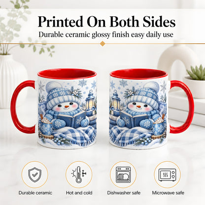 #pl[11oz|Red] Cozy Winter Snowman Accent Mug, Ceramic Mug with Book Art