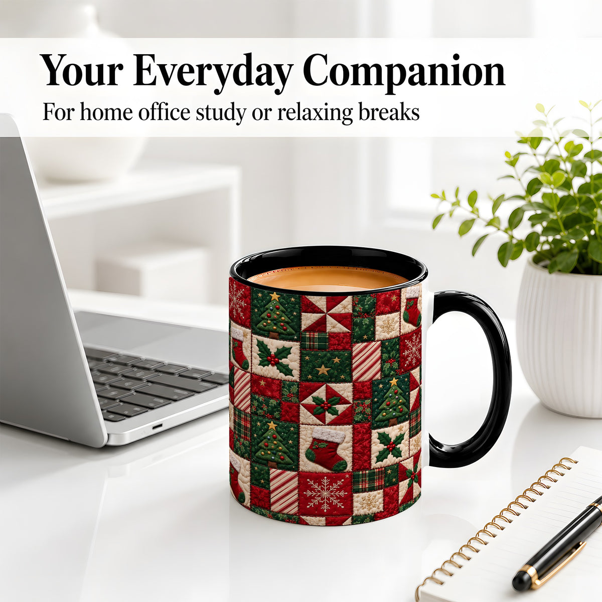 #pl[11oz|Black] Christmas Quilt Pattern Accent Mug, Ceramic Mug with Patchwork Art
