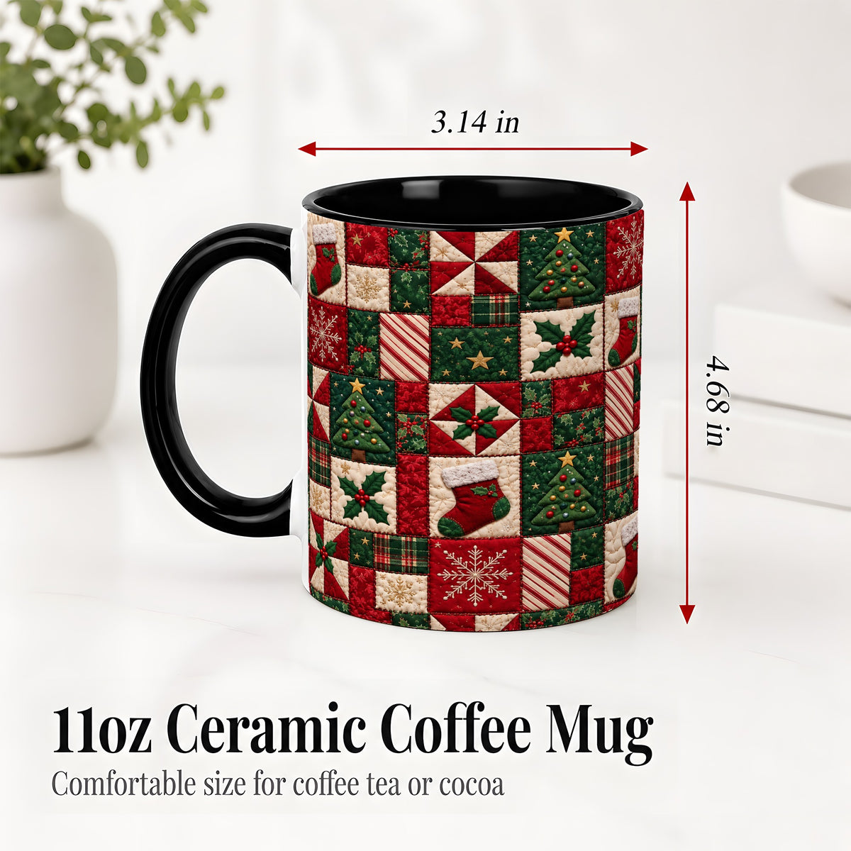 #pl[11oz|Black] Christmas Quilt Pattern Accent Mug, Ceramic Mug with Patchwork Art