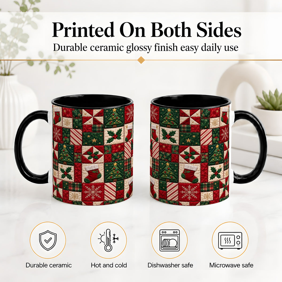 #pl[11oz|Black] Christmas Quilt Pattern Accent Mug, Ceramic Mug with Patchwork Art