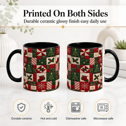 #pl[11oz|Black] Christmas Quilt Pattern Accent Mug, Ceramic Mug with Patchwork Art