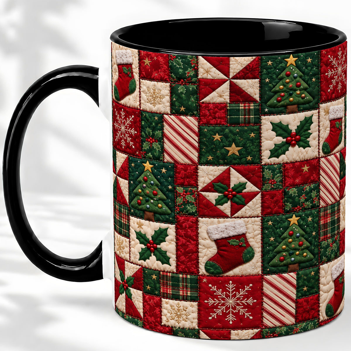 #pl[11oz|Black] Christmas Quilt Pattern Accent Mug, Ceramic Mug with Patchwork Art