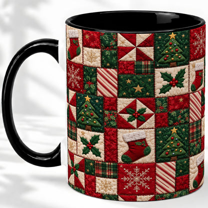 #pl[11oz|Black] Christmas Quilt Pattern Accent Mug, Ceramic Mug with Patchwork Art