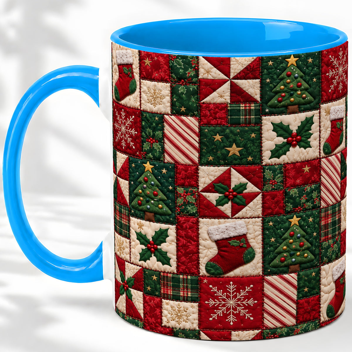 #pl[11oz|Blue] Christmas Quilt Pattern Accent Mug, Ceramic Mug with Patchwork Art