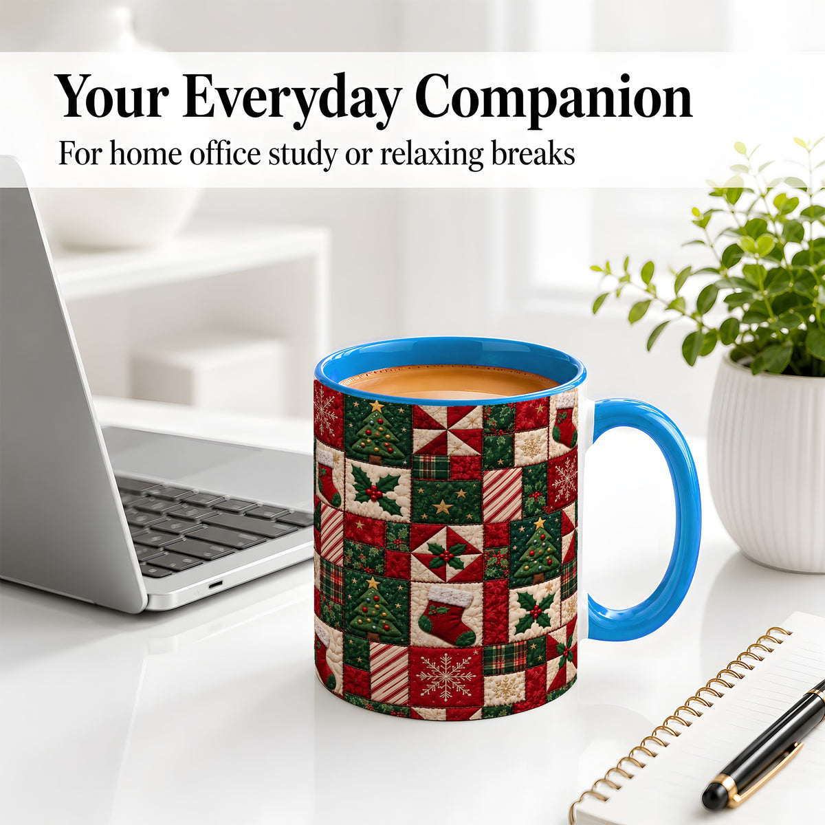 #pl[11oz|Blue] Christmas Quilt Pattern Accent Mug, Ceramic Mug with Patchwork Art