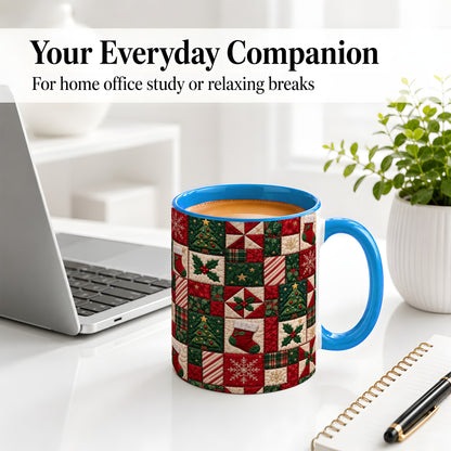 #pl[11oz|Blue] Christmas Quilt Pattern Accent Mug, Ceramic Mug with Patchwork Art