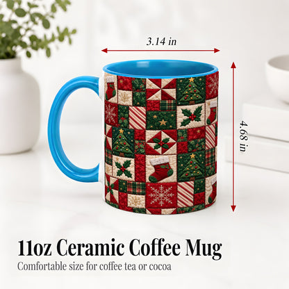 #pl[11oz|Blue] Christmas Quilt Pattern Accent Mug, Ceramic Mug with Patchwork Art