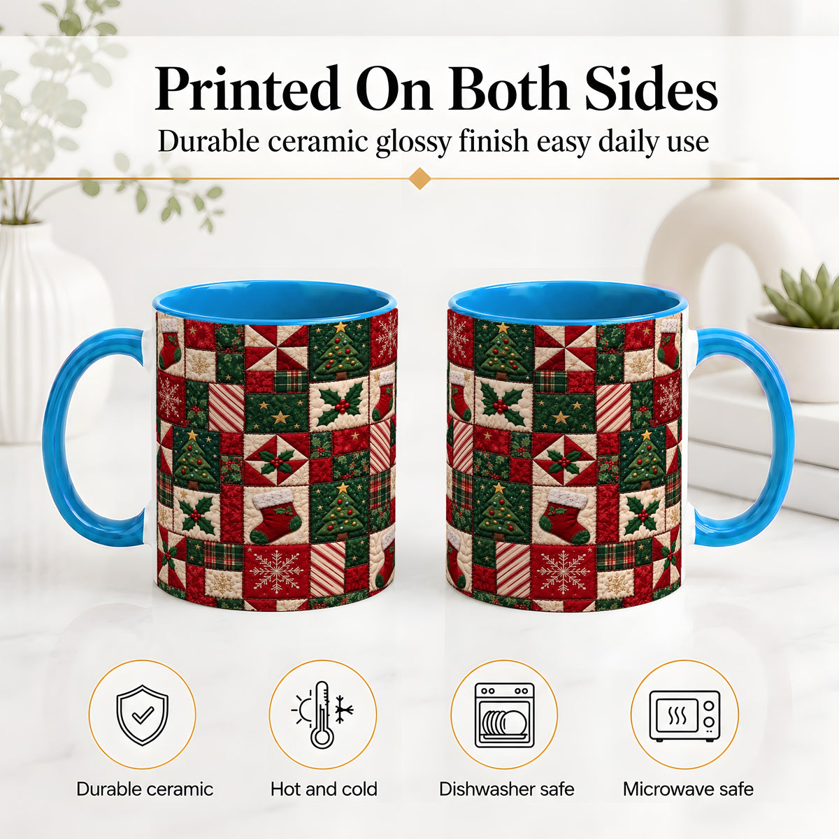 #pl[11oz|Blue] Christmas Quilt Pattern Accent Mug, Ceramic Mug with Patchwork Art