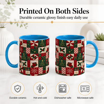 #pl[11oz|Blue] Christmas Quilt Pattern Accent Mug, Ceramic Mug with Patchwork Art