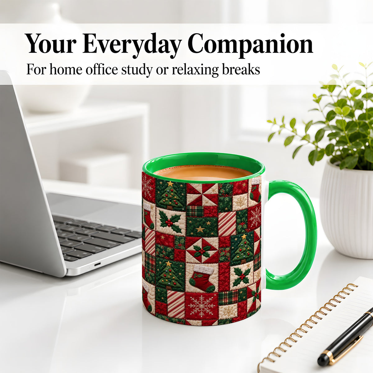 #pl[11oz|Green] Christmas Quilt Pattern Accent Mug, Ceramic Mug with Patchwork Art