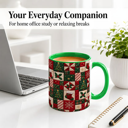 #pl[11oz|Green] Christmas Quilt Pattern Accent Mug, Ceramic Mug with Patchwork Art