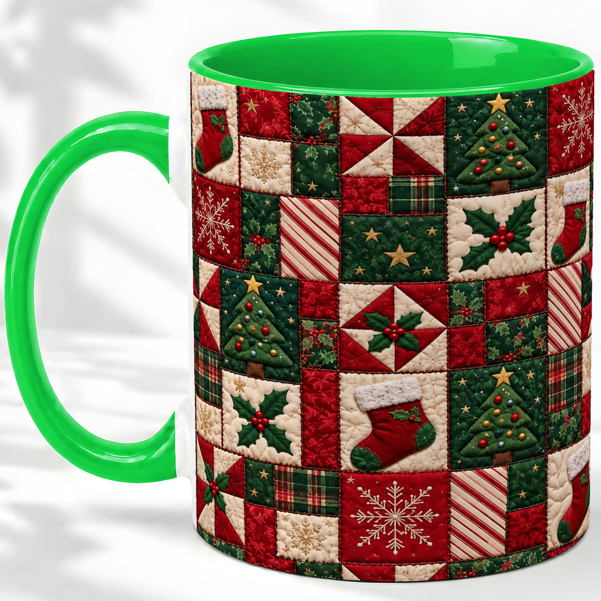 #pl[11oz|Green] Christmas Quilt Pattern Accent Mug, Ceramic Mug with Patchwork Art