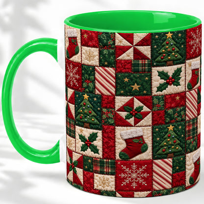 #pl[11oz|Green] Christmas Quilt Pattern Accent Mug, Ceramic Mug with Patchwork Art