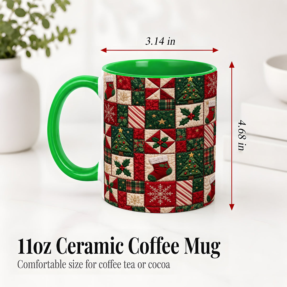 #pl[11oz|Green] Christmas Quilt Pattern Accent Mug, Ceramic Mug with Patchwork Art