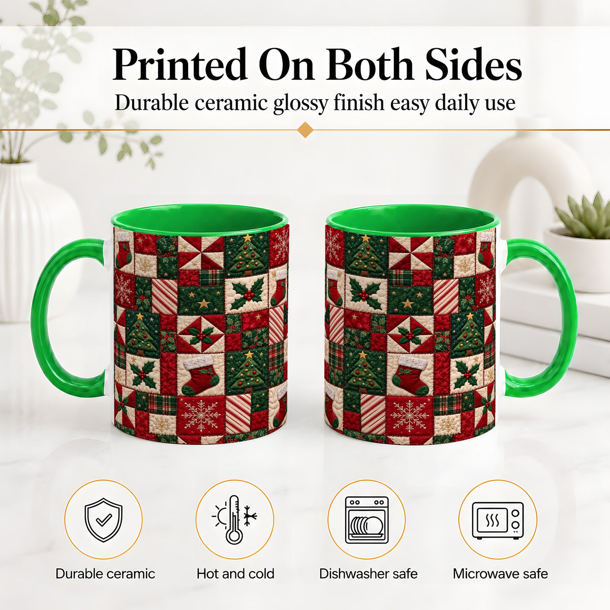 #pl[11oz|Green] Christmas Quilt Pattern Accent Mug, Ceramic Mug with Patchwork Art