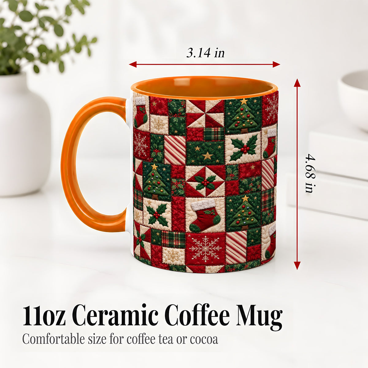 #pl[11oz|Orange] Christmas Quilt Pattern Accent Mug, Ceramic Mug with Patchwork Art