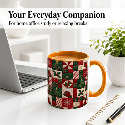 #pl[11oz|Orange] Christmas Quilt Pattern Accent Mug, Ceramic Mug with Patchwork Art