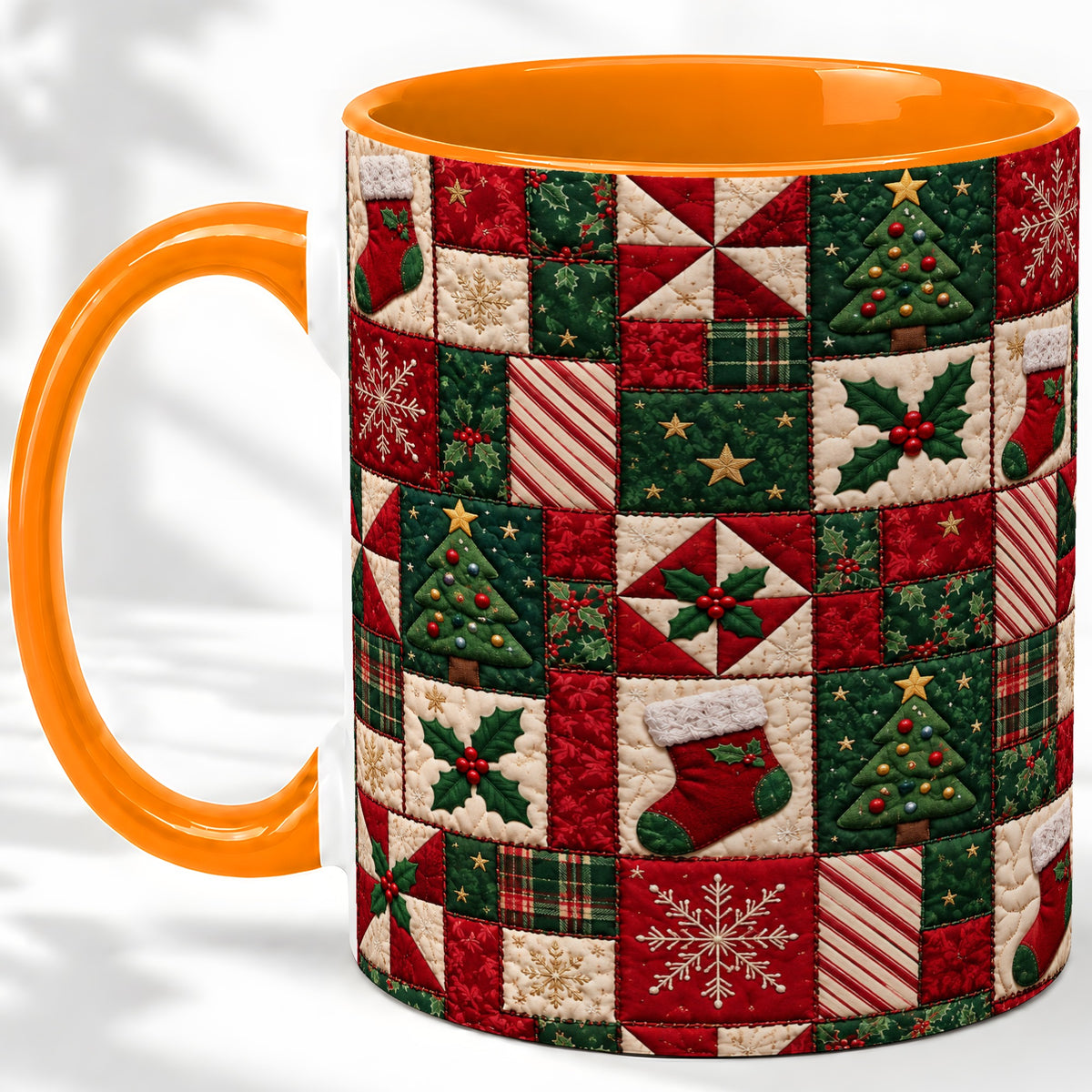 #pl[11oz|Orange] Christmas Quilt Pattern Accent Mug, Ceramic Mug with Patchwork Art