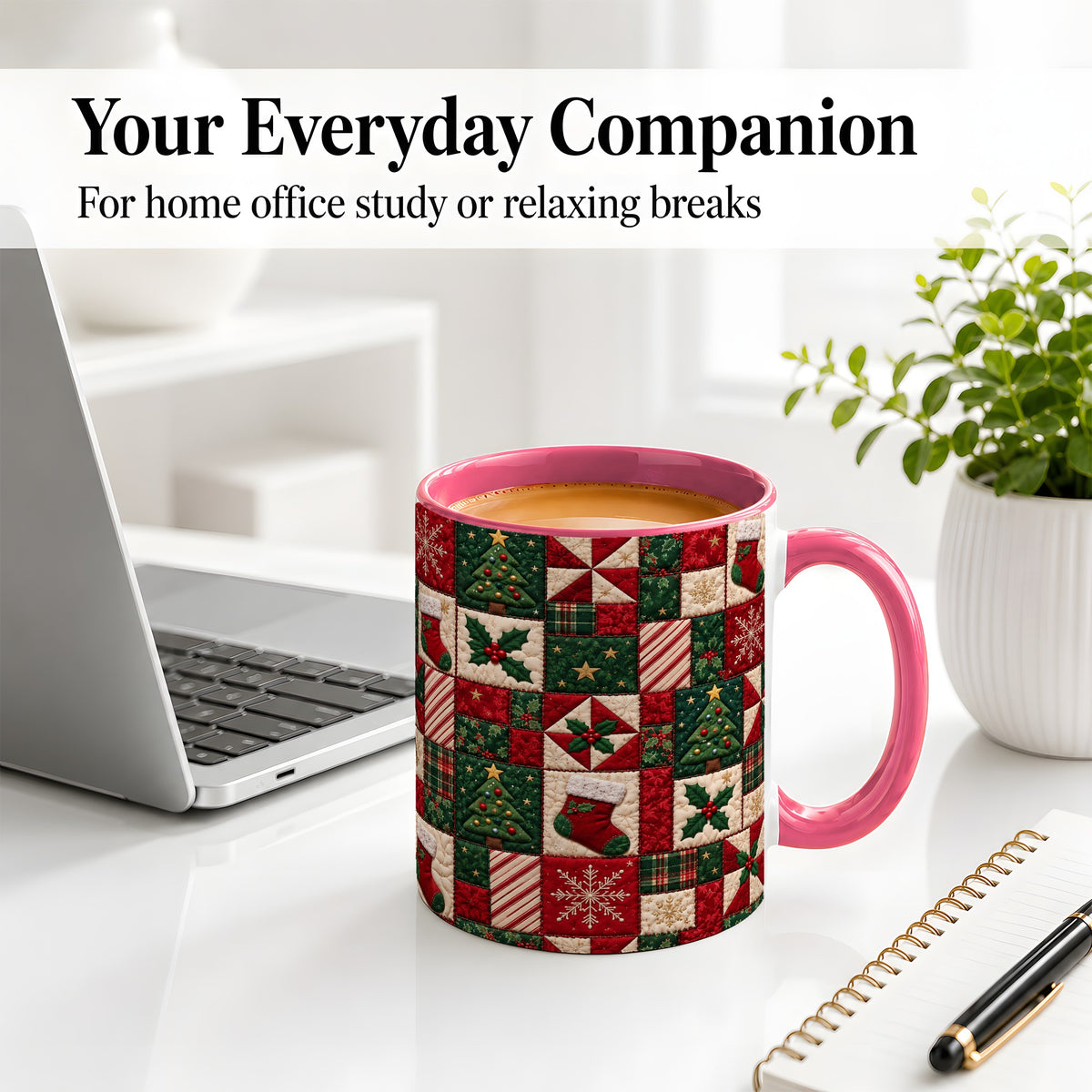 #pl[11oz|Pink] Christmas Quilt Pattern Accent Mug, Ceramic Mug with Patchwork Art