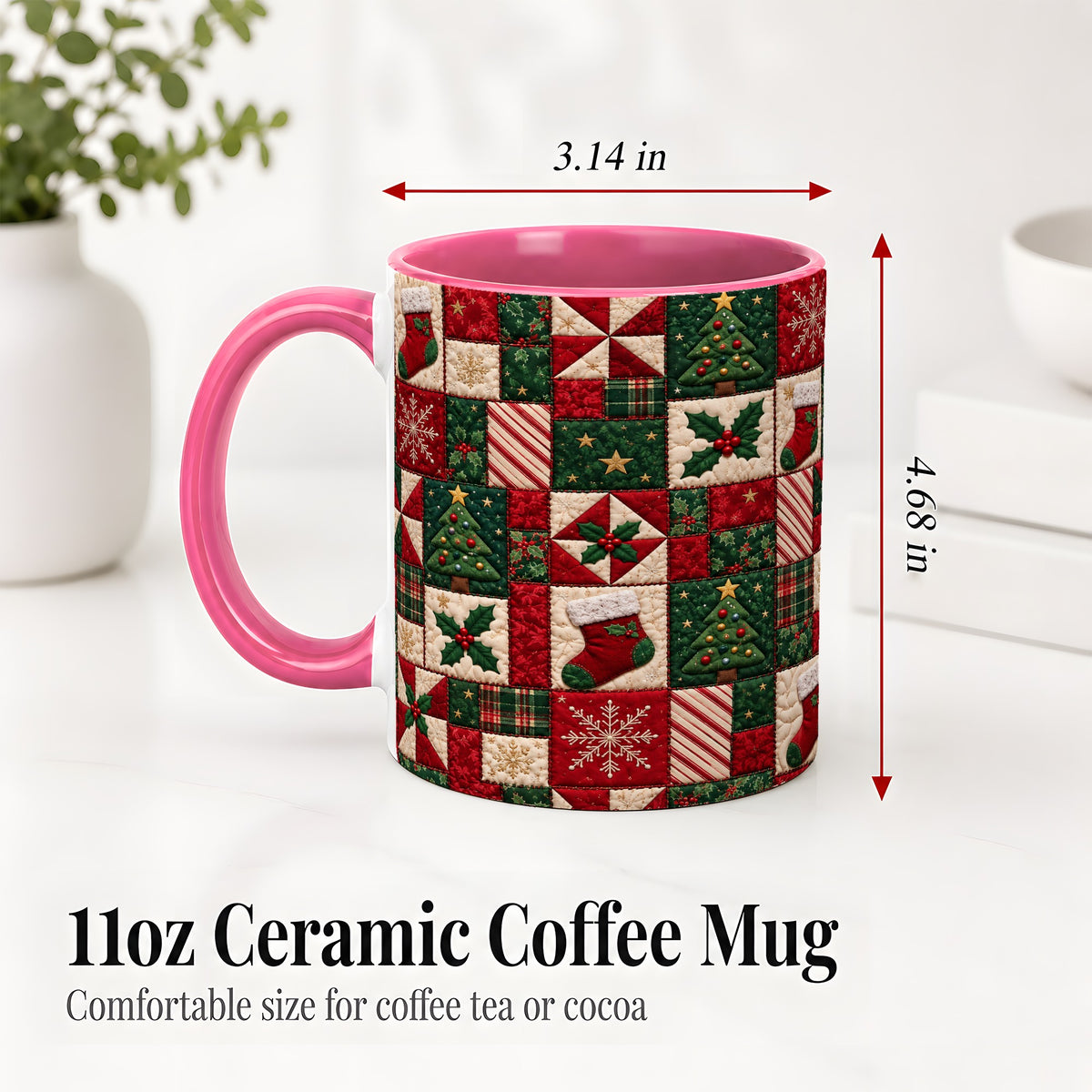 #pl[11oz|Pink] Christmas Quilt Pattern Accent Mug, Ceramic Mug with Patchwork Art