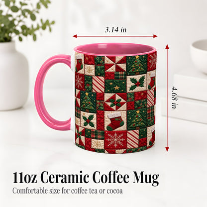 #pl[11oz|Pink] Christmas Quilt Pattern Accent Mug, Ceramic Mug with Patchwork Art