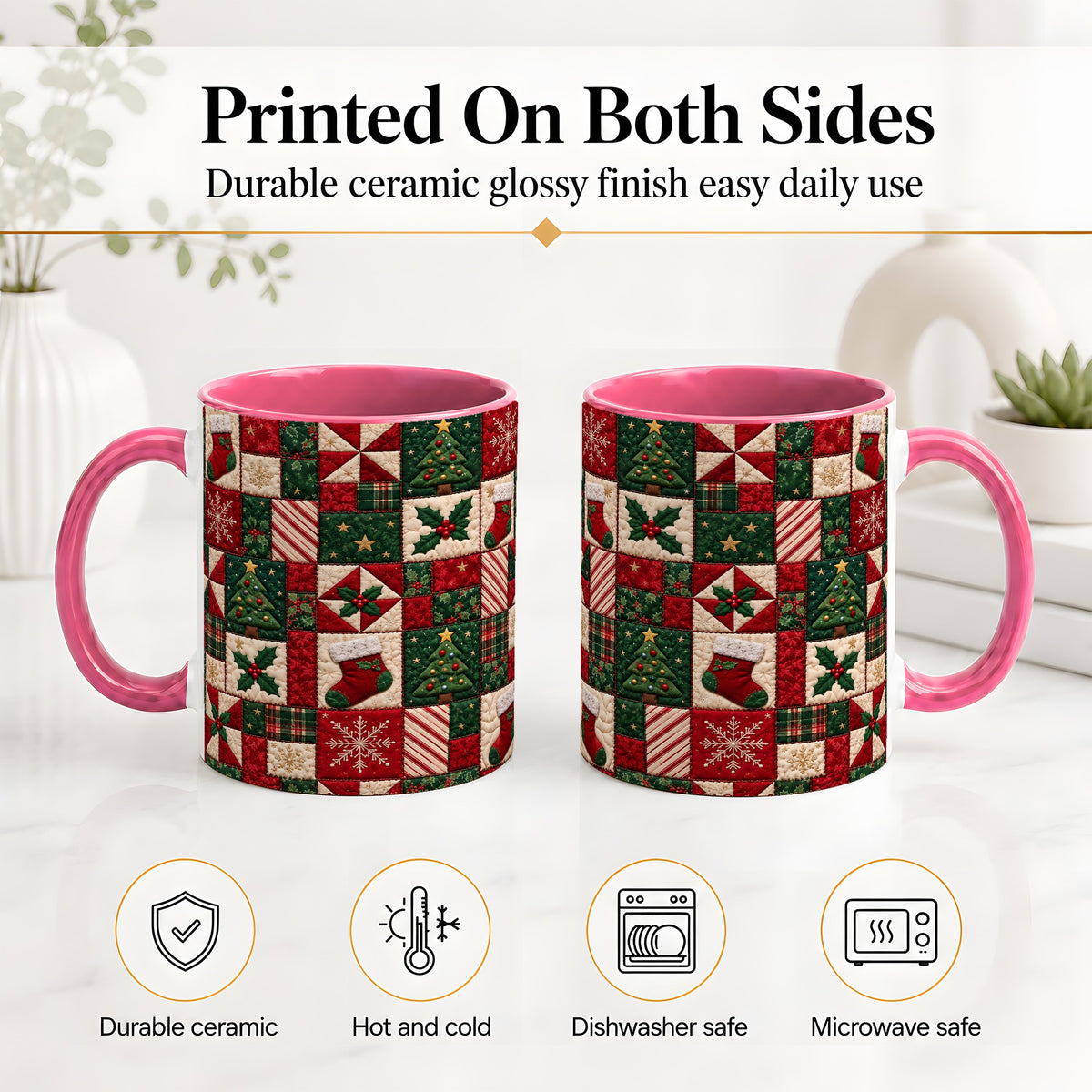 #pl[11oz|Pink] Christmas Quilt Pattern Accent Mug, Ceramic Mug with Patchwork Art
