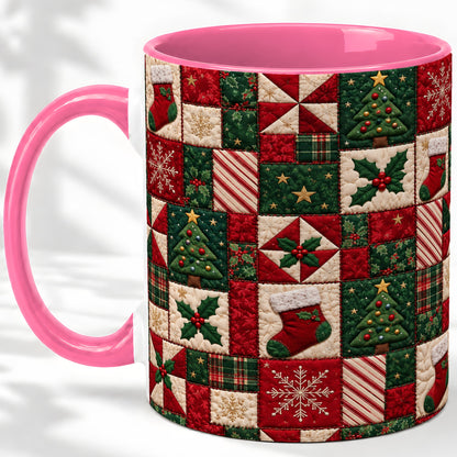 #pl[11oz|Pink] Christmas Quilt Pattern Accent Mug, Ceramic Mug with Patchwork Art
