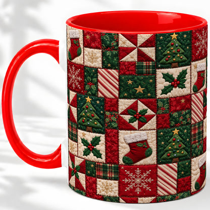 Christmas Quilt Pattern Accent Mug, Ceramic Mug with Patchwork Art