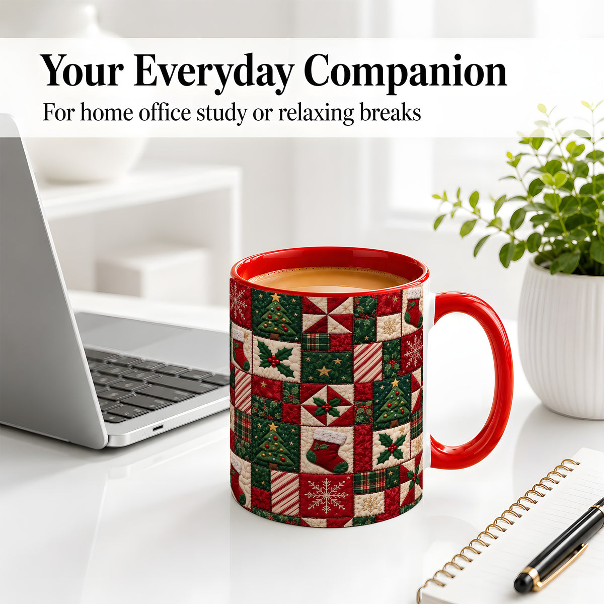 #pl[11oz|Red] Christmas Quilt Pattern Accent Mug, Ceramic Mug with Patchwork Art