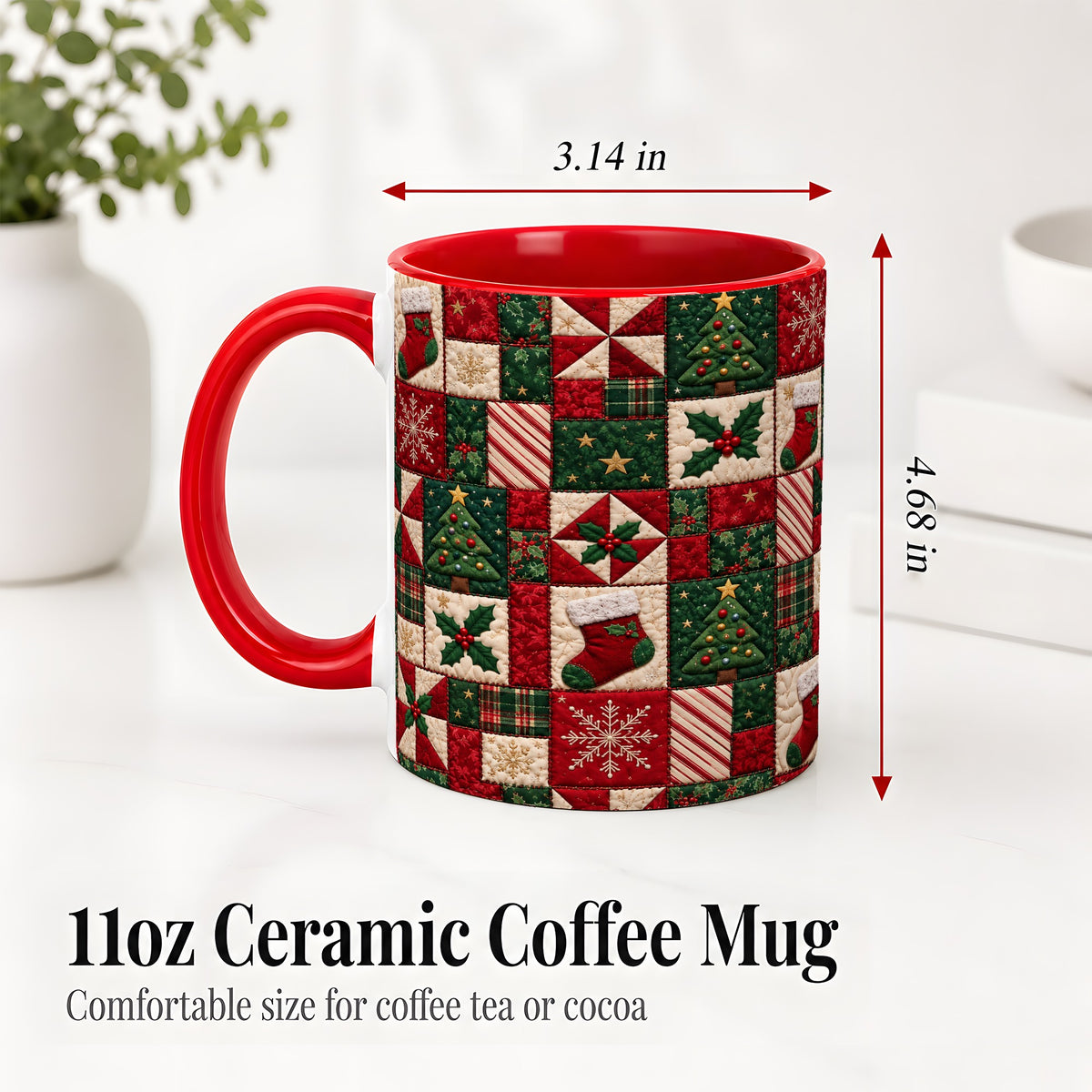 #pl[11oz|Red] Christmas Quilt Pattern Accent Mug, Ceramic Mug with Patchwork Art