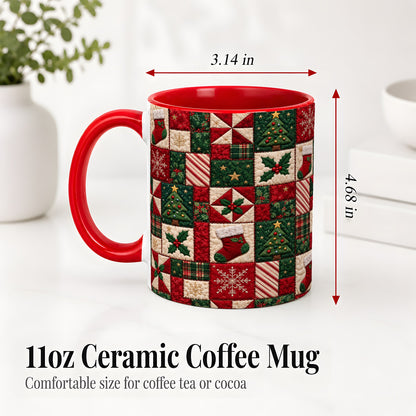 #pl[11oz|Red] Christmas Quilt Pattern Accent Mug, Ceramic Mug with Patchwork Art