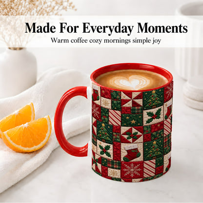 #pl[11oz|Red] Christmas Quilt Pattern Accent Mug, Ceramic Mug with Patchwork Art