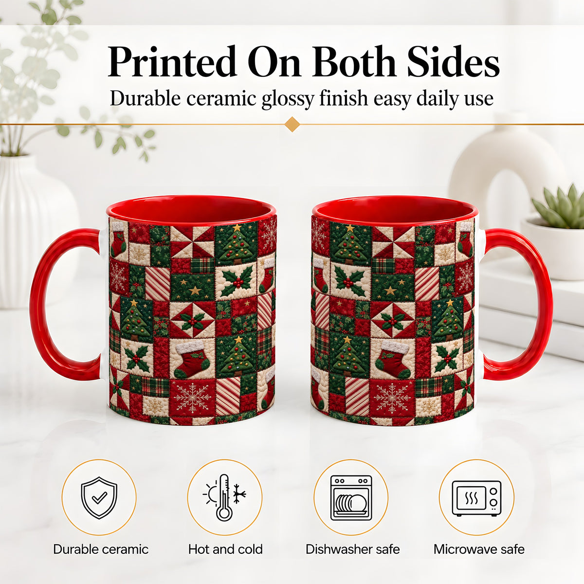#pl[11oz|Red] Christmas Quilt Pattern Accent Mug, Ceramic Mug with Patchwork Art
