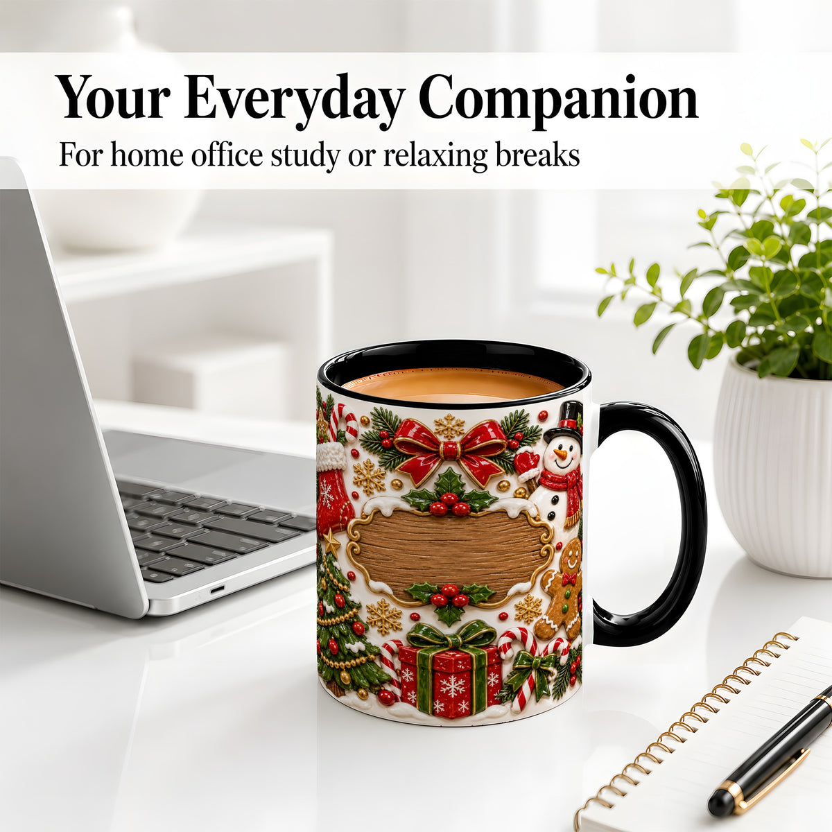 #pl[11oz|Black] Christmas Cookie Art Accent Mug, Ceramic Mug with Snowman Design