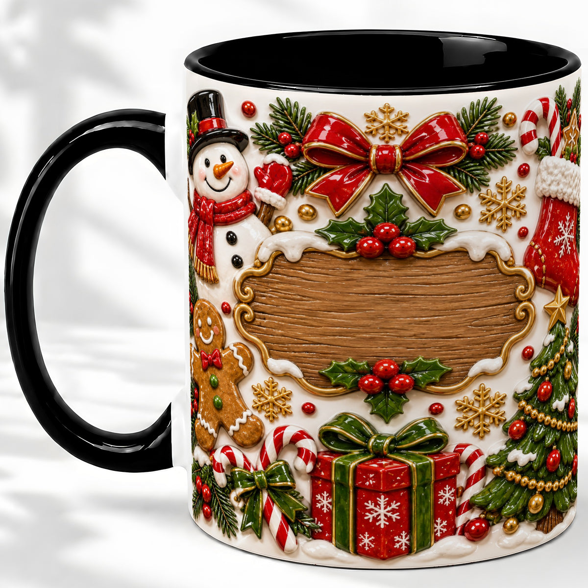 #pl[11oz|Black] Christmas Cookie Art Accent Mug, Ceramic Mug with Snowman Design