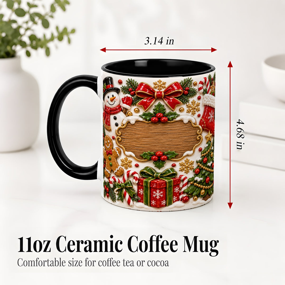 #pl[11oz|Black] Christmas Cookie Art Accent Mug, Ceramic Mug with Snowman Design