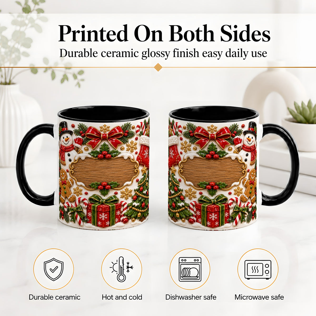 #pl[11oz|Black] Christmas Cookie Art Accent Mug, Ceramic Mug with Snowman Design