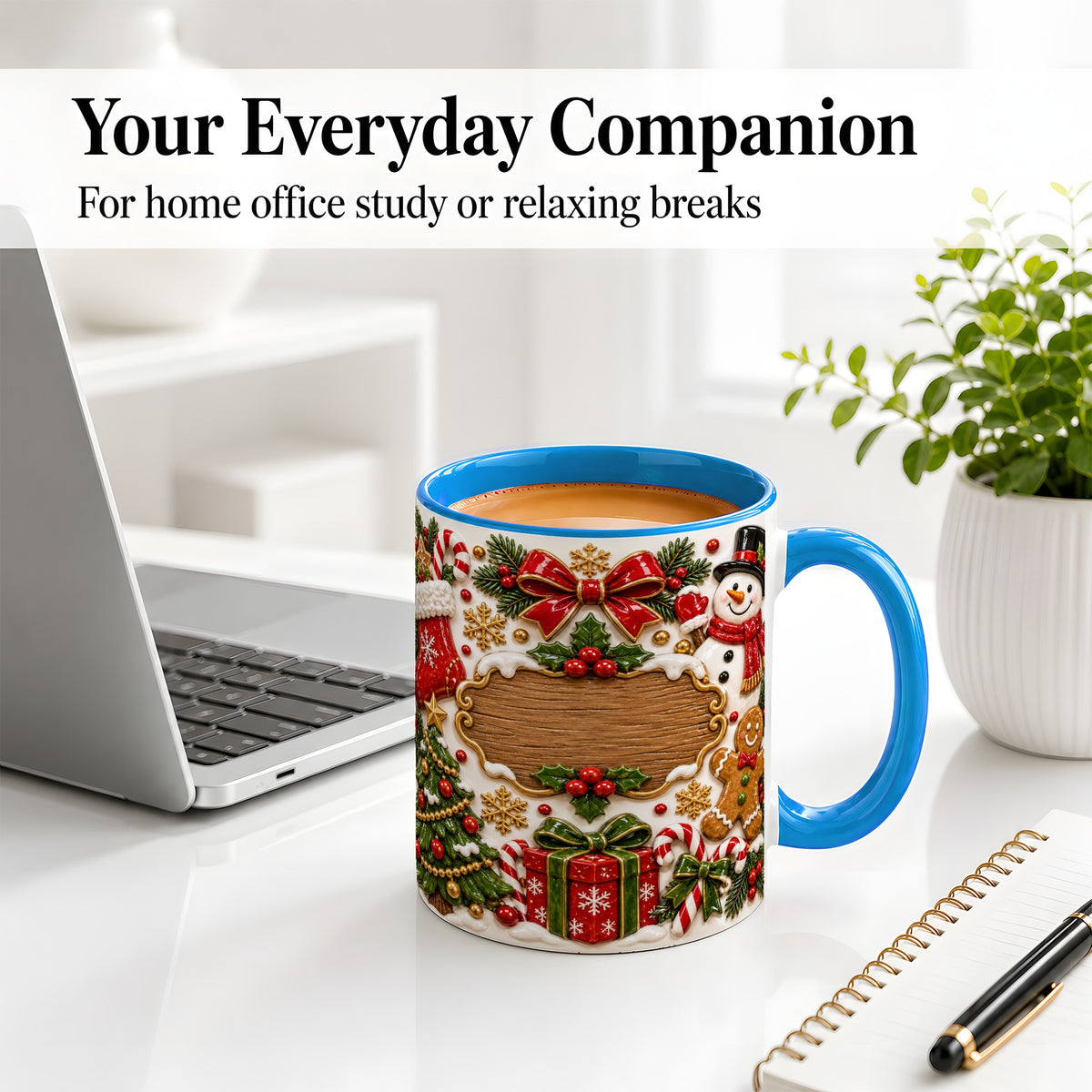 #pl[11oz|Blue] Christmas Cookie Art Accent Mug, Ceramic Mug with Snowman Design