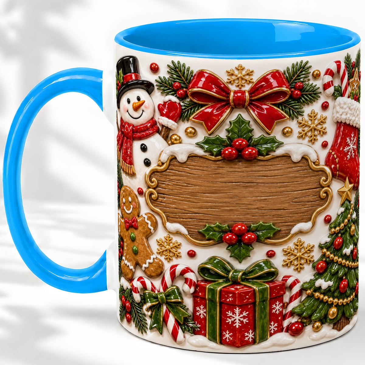 #pl[11oz|Blue] Christmas Cookie Art Accent Mug, Ceramic Mug with Snowman Design