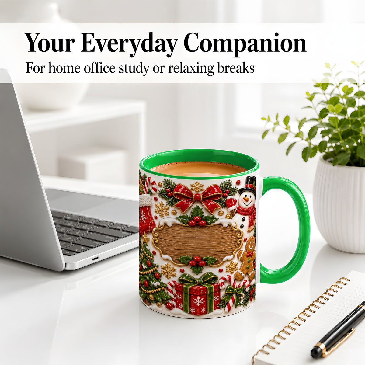 #pl[11oz|Green] Christmas Cookie Art Accent Mug, Ceramic Mug with Snowman Design