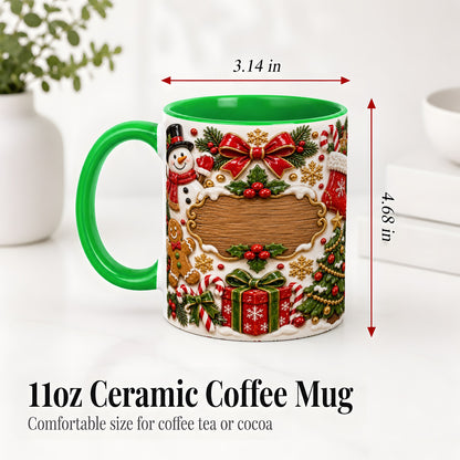 #pl[11oz|Green] Christmas Cookie Art Accent Mug, Ceramic Mug with Snowman Design