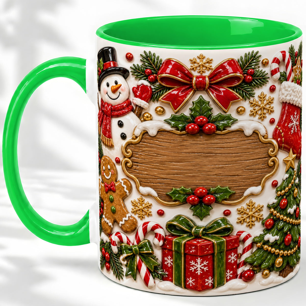 #pl[11oz|Green] Christmas Cookie Art Accent Mug, Ceramic Mug with Snowman Design