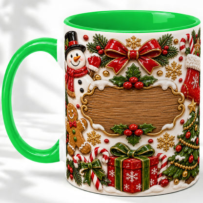 #pl[11oz|Green] Christmas Cookie Art Accent Mug, Ceramic Mug with Snowman Design