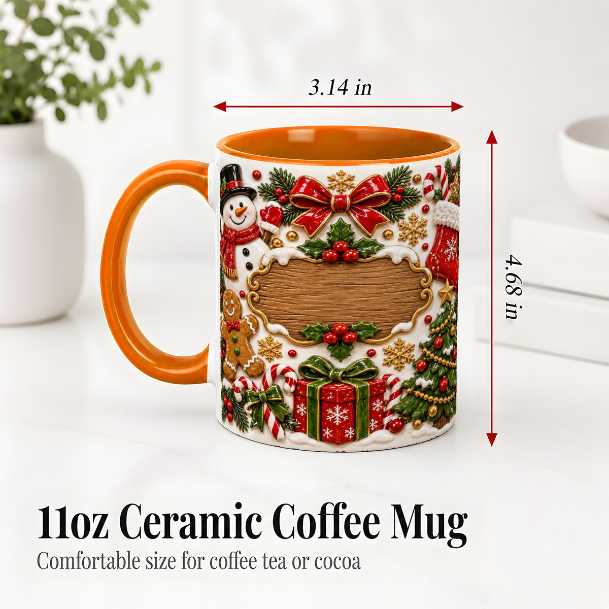 #pl[11oz|Orange] Christmas Cookie Art Accent Mug, Ceramic Mug with Snowman Design