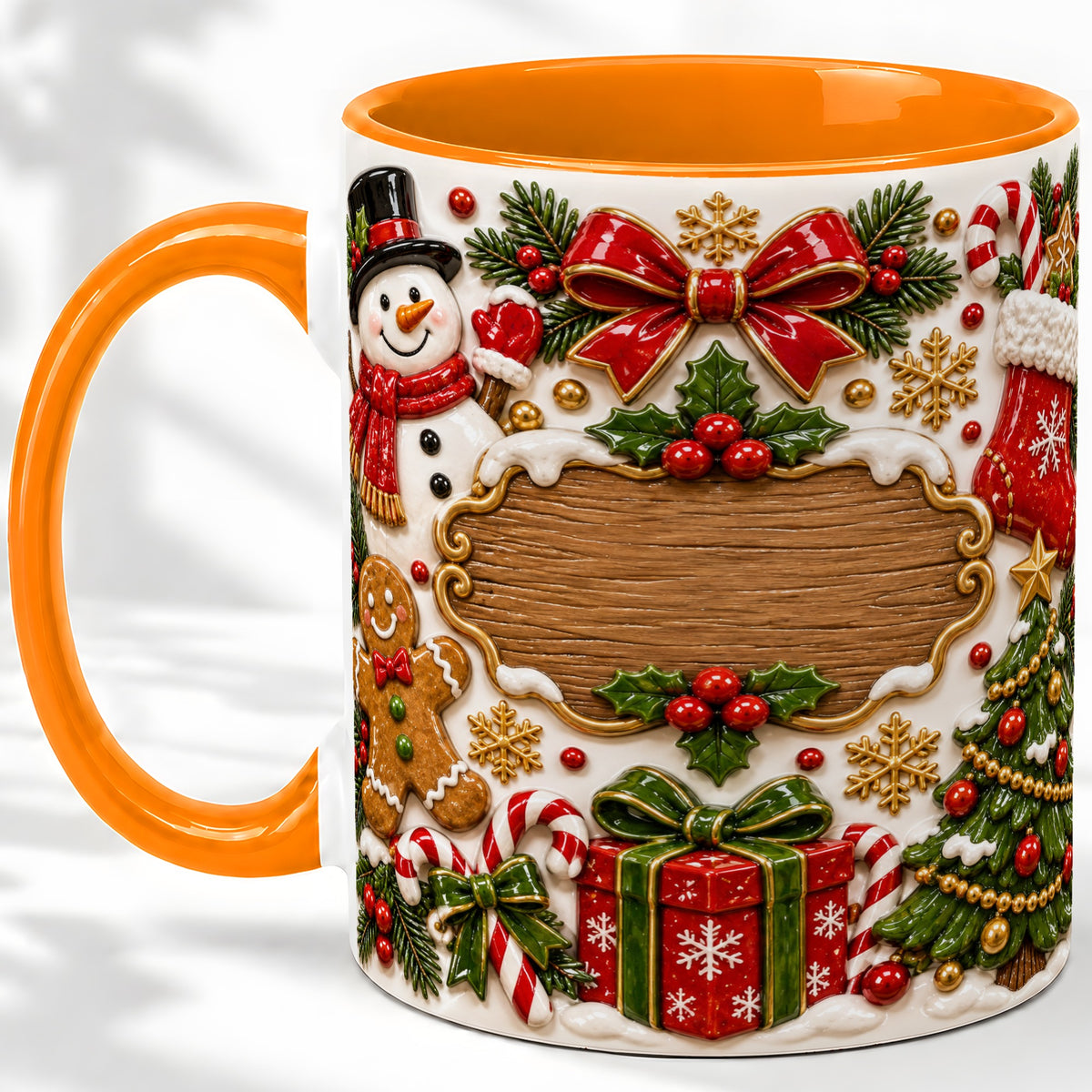 #pl[11oz|Orange] Christmas Cookie Art Accent Mug, Ceramic Mug with Snowman Design