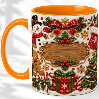 #pl[11oz|Orange] Christmas Cookie Art Accent Mug, Ceramic Mug with Snowman Design