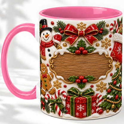#pl[11oz|Pink] Christmas Cookie Art Accent Mug, Ceramic Mug with Snowman Design