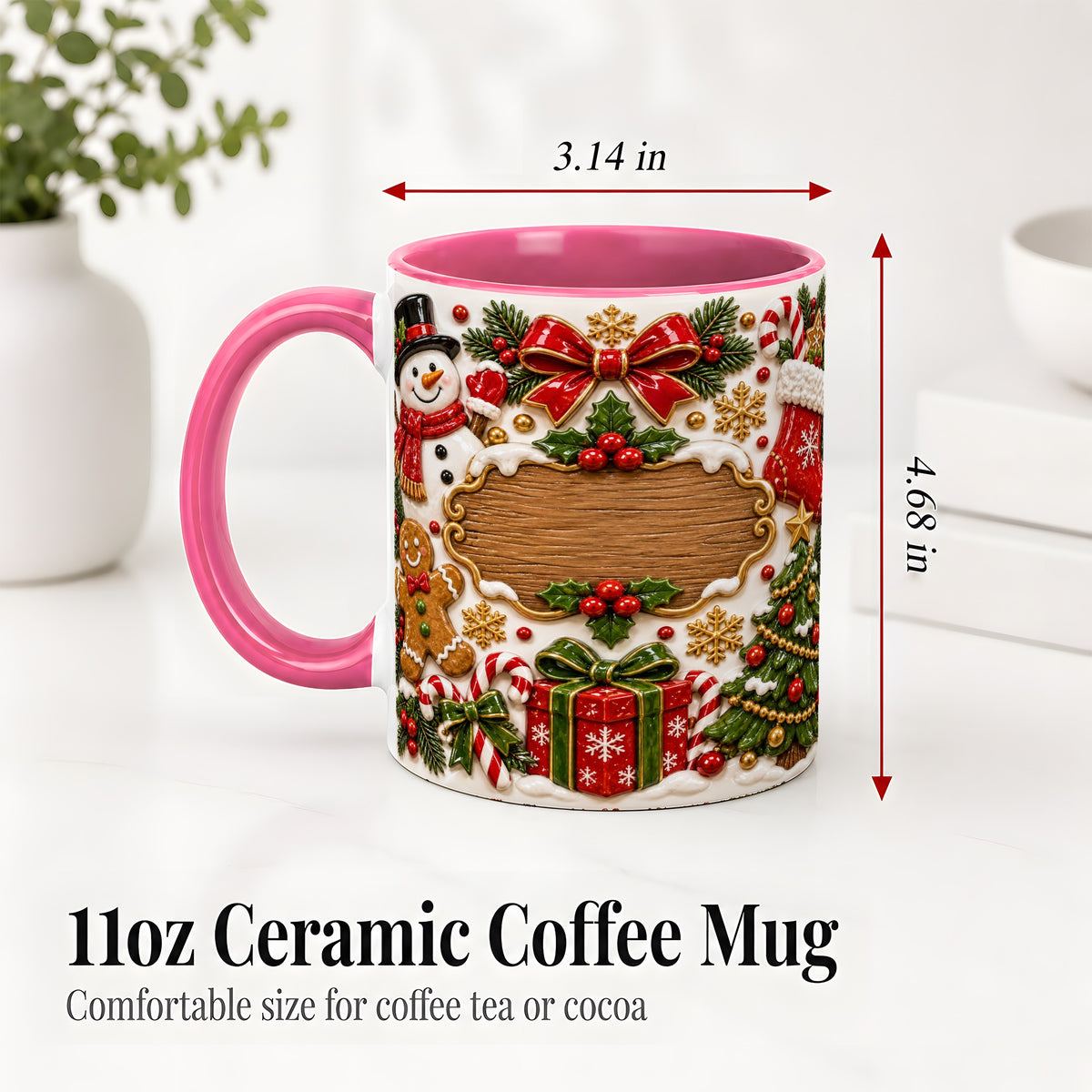 #pl[11oz|Pink] Christmas Cookie Art Accent Mug, Ceramic Mug with Snowman Design