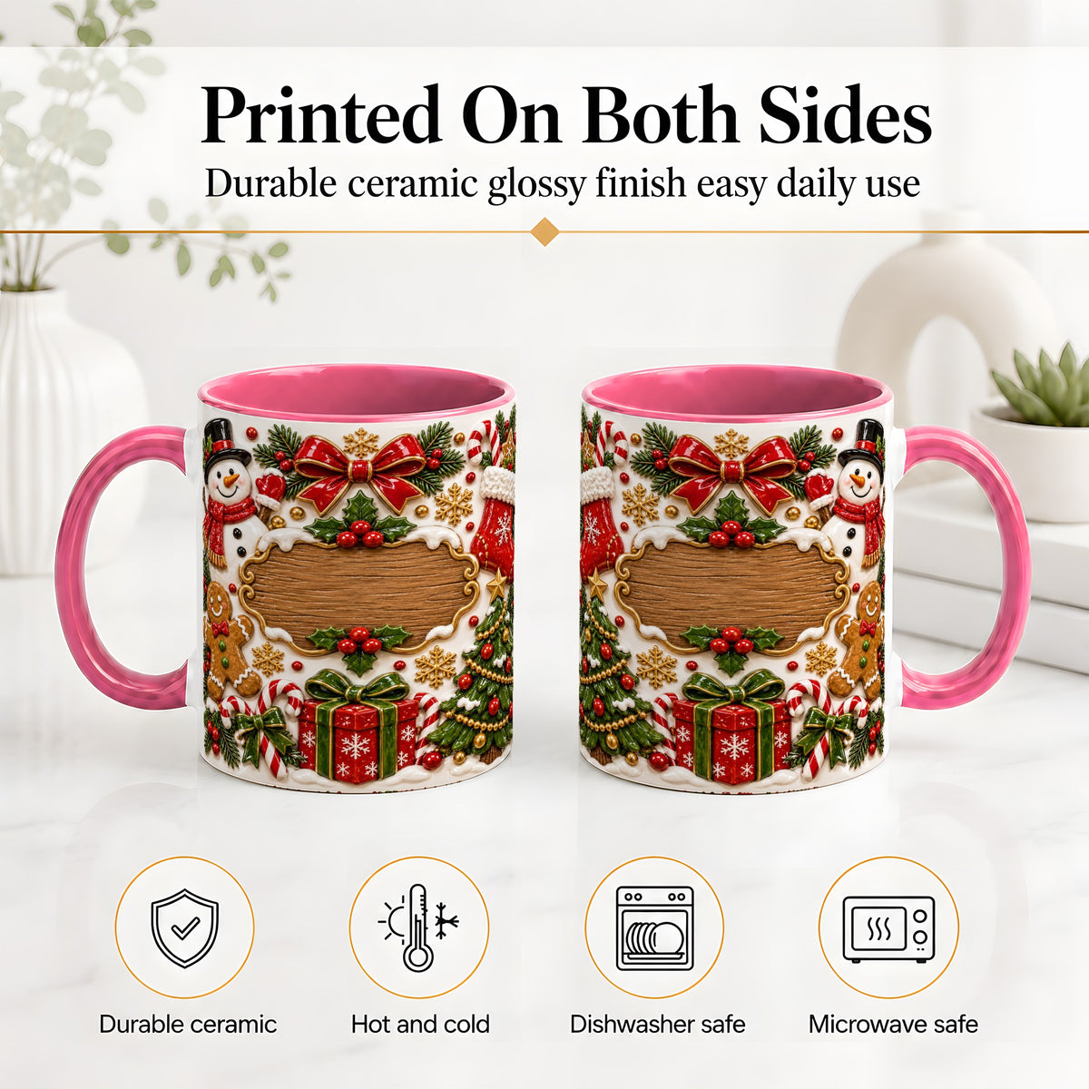 #pl[11oz|Pink] Christmas Cookie Art Accent Mug, Ceramic Mug with Snowman Design